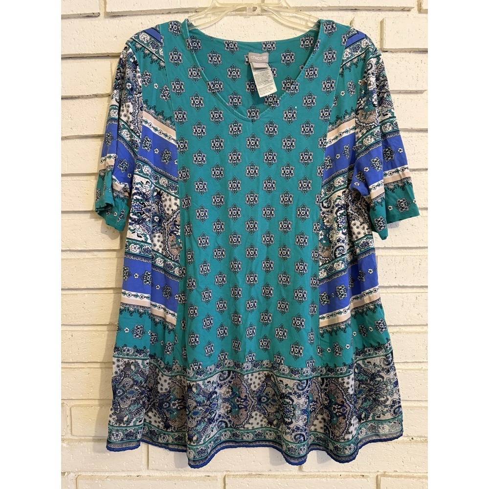 Chico's 2 Women's Top Blouse Boho Wearable Art Size Large Teal & Blue